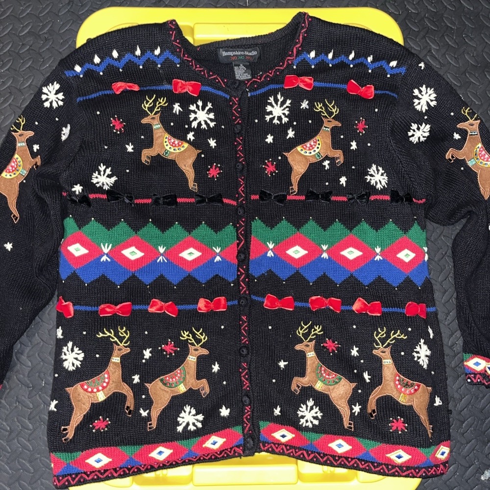 Vintage Hampshire Studio Black Beaded Embroidered Christmas Cardigan Women's XL